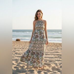Banjanan Two-tone Mixed Pattern Patchwork Floral‎ Halter Maxi Dress Open back